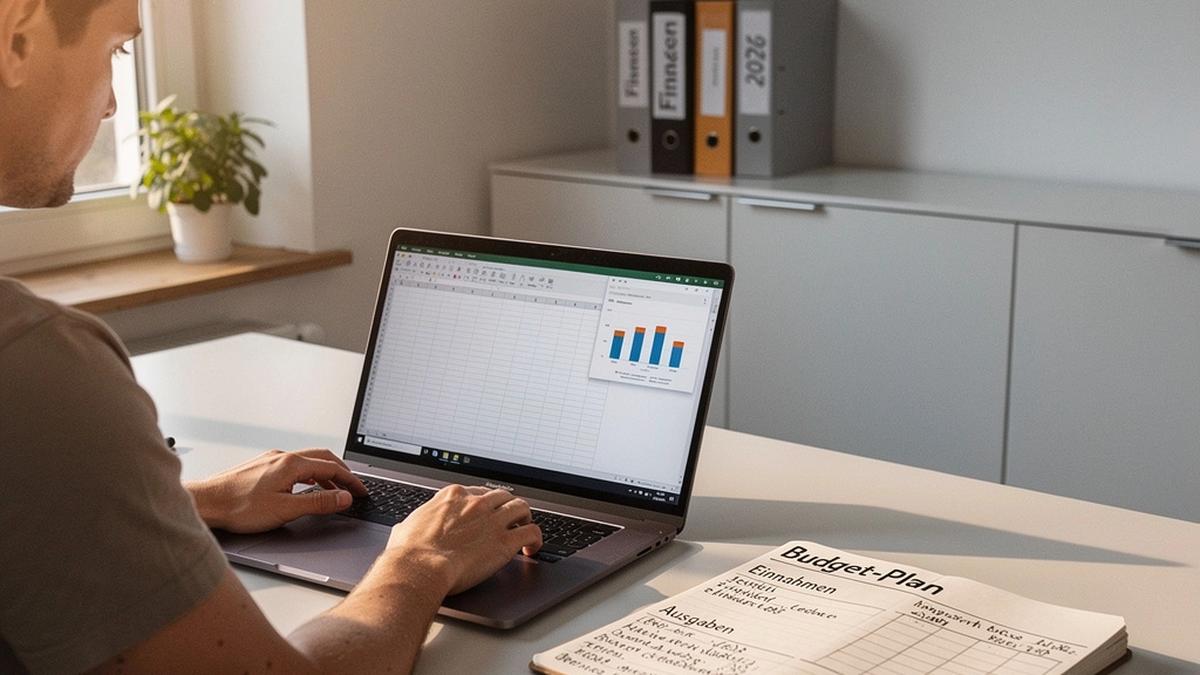 Person am Schreibtisch mit Budget-Plan und Laptop, ruhige moderne Umgebung